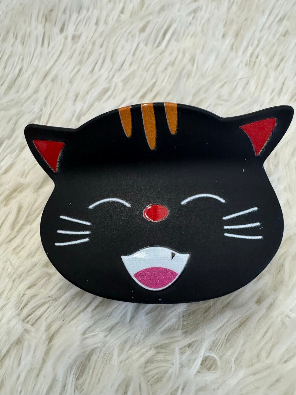 Large Black cat hair clip claw with white whiskers, red nose, and pink mouth